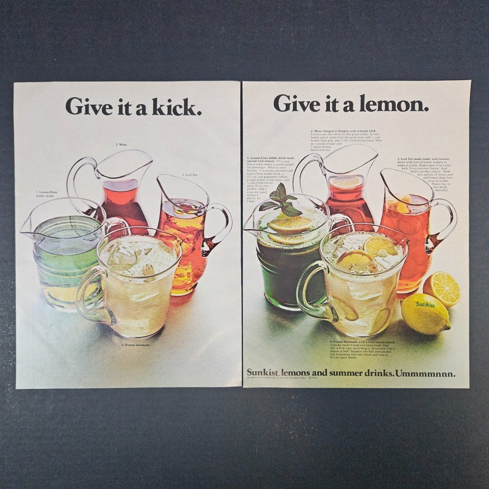 1974 Sunkist Growers Lemons Vintage Print Ad Give It A Kick Drinks Beverages